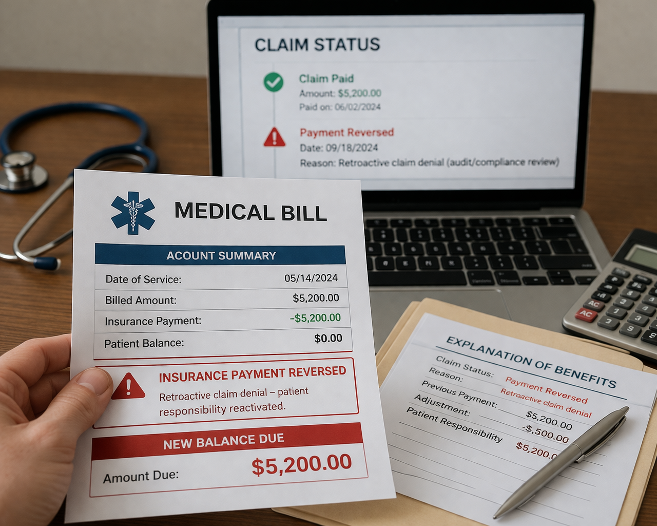 Medical Bill Processed Under Insurance but Later Rebilled to Patient Due to Retroactive Claim Denial